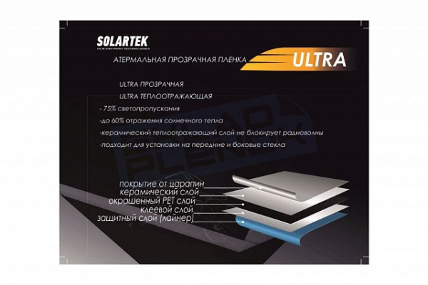 Атермальная пленка Solartek STU 75 SRPS ULTRA 2MIL, 1,52*30,5м, 56 мкм, VLT 75%, PET, прозрачная, голубоватая